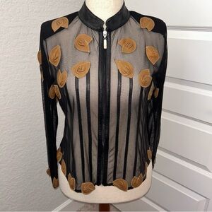 NATTO Real Leather Florette Detail Trim Mesh Zipper Front Long Sleeve Jacket